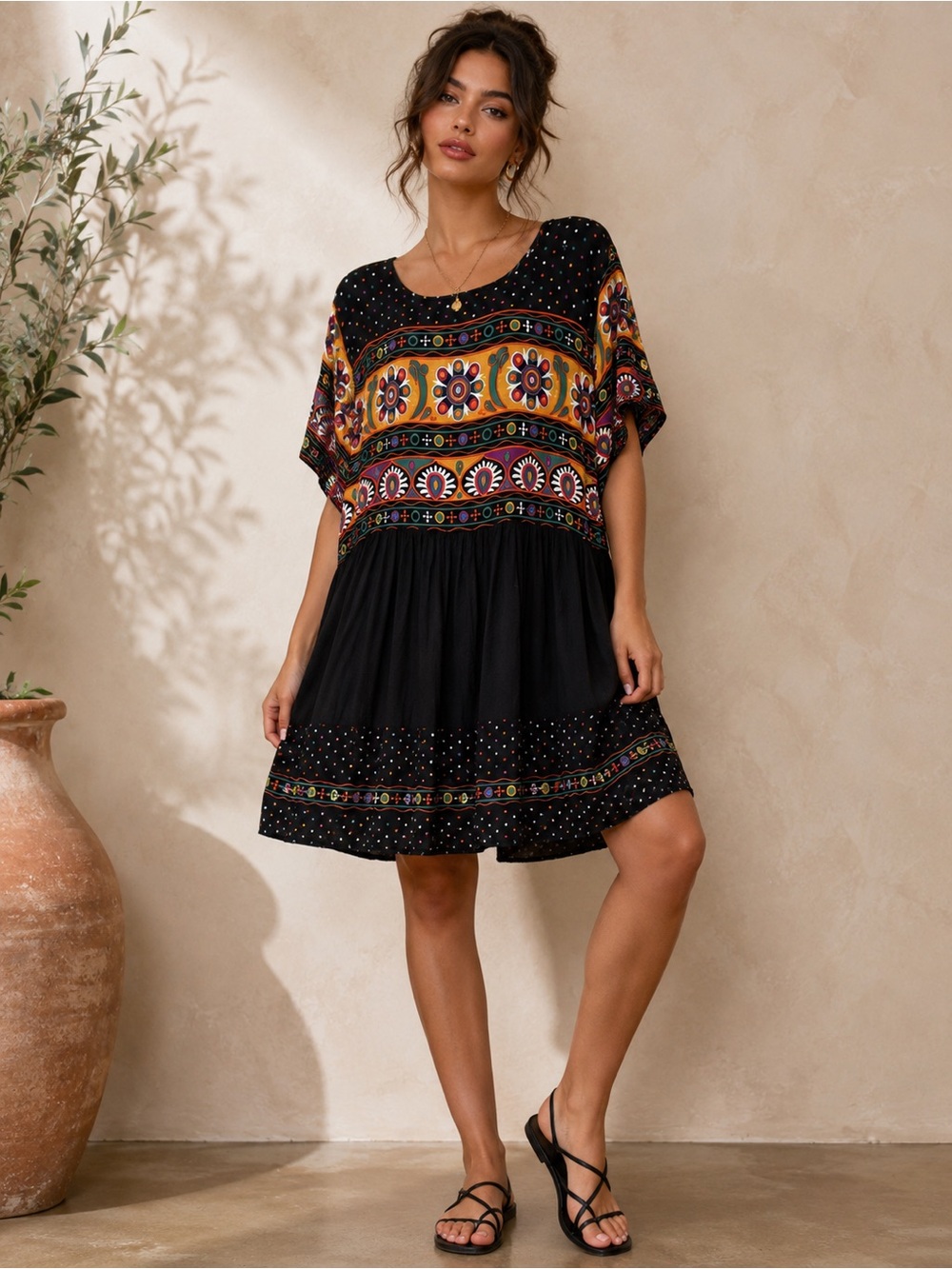 Boohoo Black Polka Dot Floral Border Print Midi Dress Women‎ US 14 Boho Relaxed